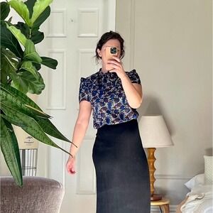 SANDRO Paris Short Sleeve Silk Paisley Blouse w/ Neck Tie